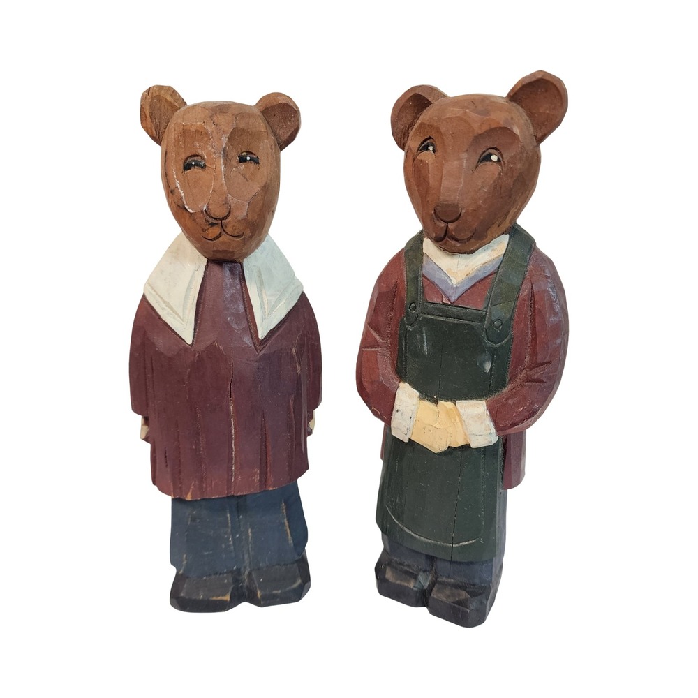 Vintage Hand Carved Wooden Bear Figurines Folk Art Pair 7.5 Inch Rustic Decor